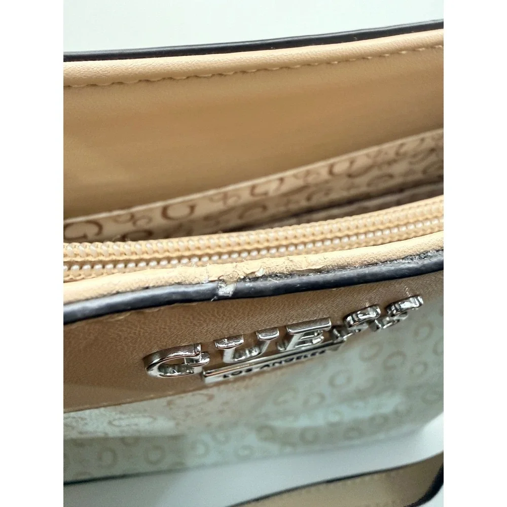 GUESS Tote Bag Womens Large Cream Tan Good Monogram Logo Print Shoulder Bag